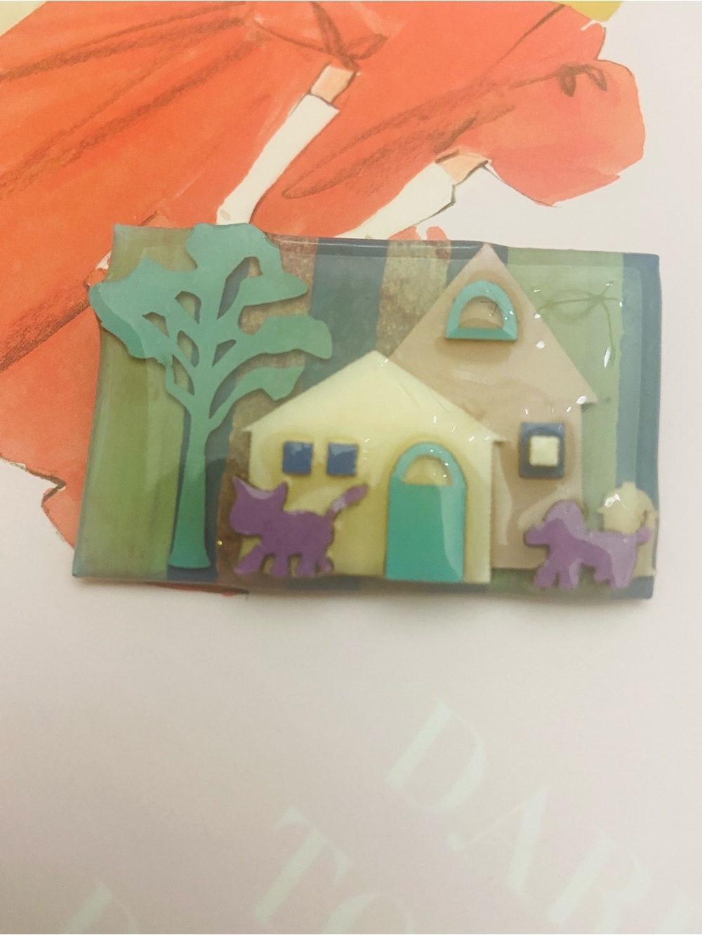 House of Pins by Lucinda Handmade Purple and Green House with Cat & Dog Brooch